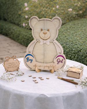 Wooden Bear Gender Reveal Guest Book Alternative with 80 Hearts