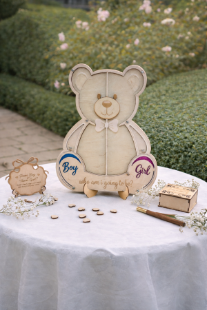 Wooden Bear Gender Reveal Guest Book Alternative with 80 Hearts