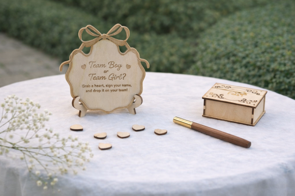 Wooden Bear Gender Reveal Guest Book Alternative with 80 Hearts