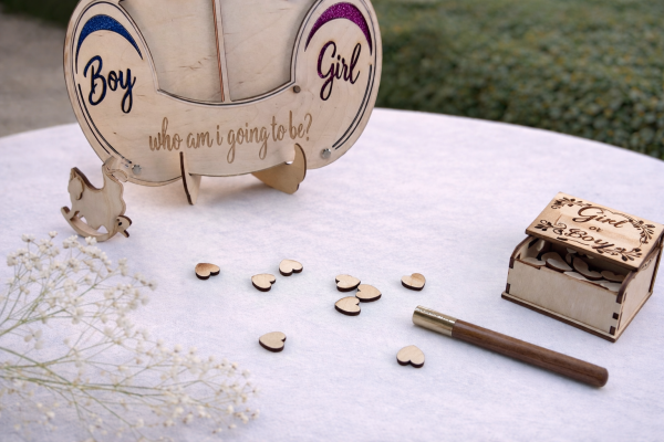 Wooden Bear Gender Reveal Guest Book Alternative with 80 Hearts