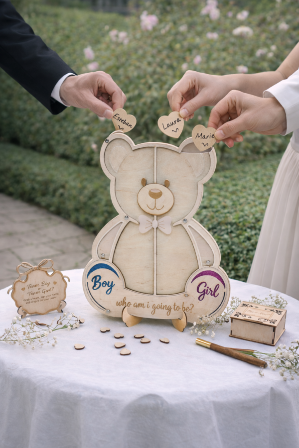 Wooden Bear Gender Reveal Guest Book Alternative with 80 Hearts