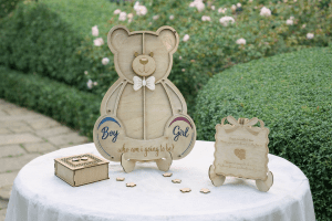 Wooden Bear Gender Reveal Guest Book Alternative with 80 Hearts