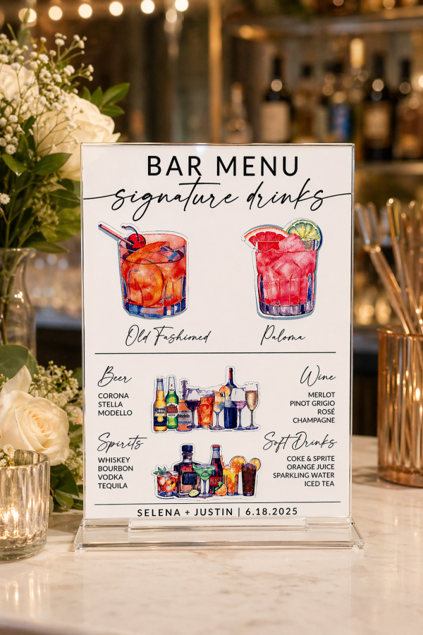 Custom Acrylic Wedding Bar Menu Sign, Signature Drinks, Cocktail Menu, Reception Decor