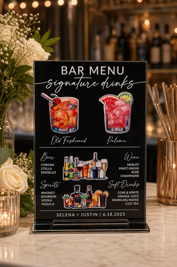 Custom Acrylic Wedding Bar Menu Sign, Signature Drinks, Cocktail Menu, Reception Decor