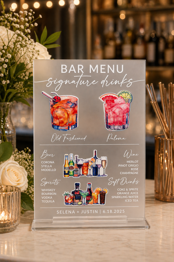 Custom Acrylic Wedding Bar Menu Sign, Signature Drinks, Cocktail Menu, Reception Decor