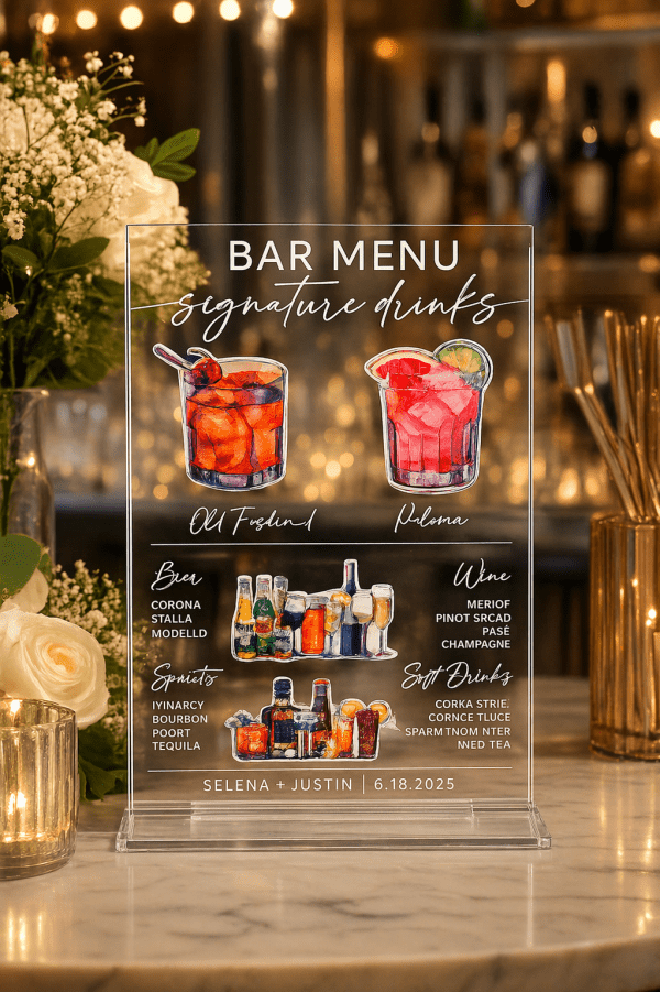 Custom Acrylic Wedding Bar Menu Sign, Signature Drinks, Cocktail Menu, Reception Decor