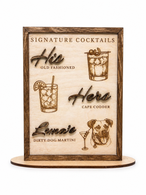 Custom Wooden Signature Cocktail Sign with Pet | His & Hers Wedding Bar Menu (Engraved)