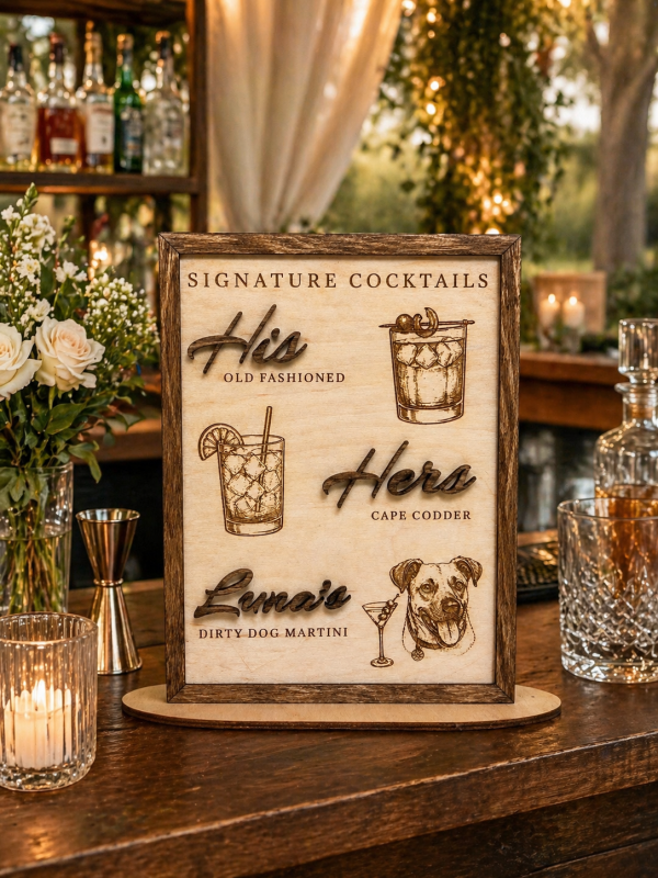 Custom Wooden Signature Cocktail Sign with Pet | His & Hers Wedding Bar Menu (Engraved)