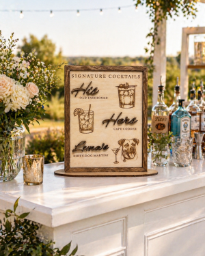 ChatGPT Image Apr 28, 2026, 11_19_58 AM Custom Wooden Signature Cocktail Sign with Pet | His & Hers Wedding Bar Menu (Engraved)