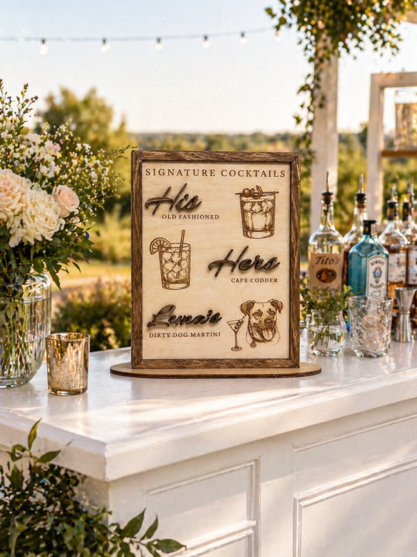 Custom Wooden Signature Cocktail Sign with Pet | His & Hers Wedding Bar Menu (Engraved)