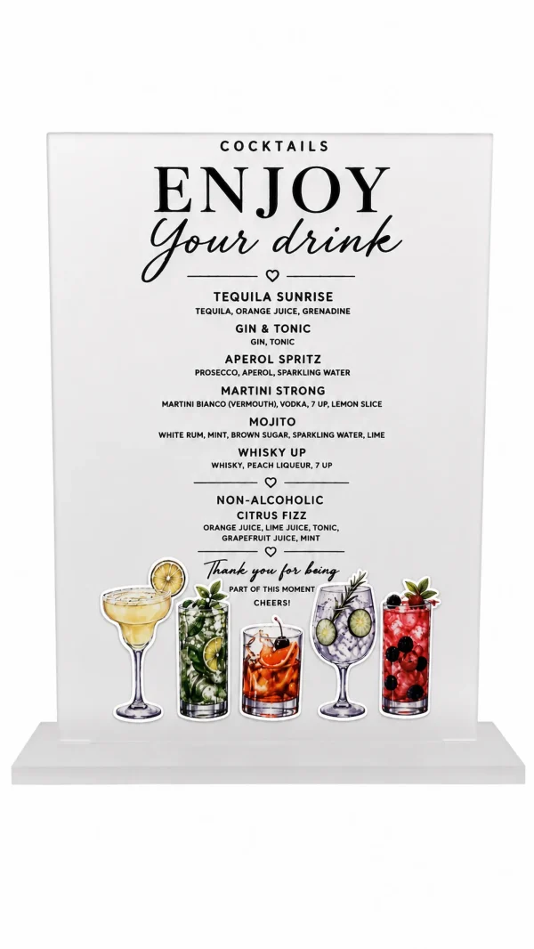 Minimalist Acrylic Cocktail Sign, Wedding Bar Menu, Modern Event Decor