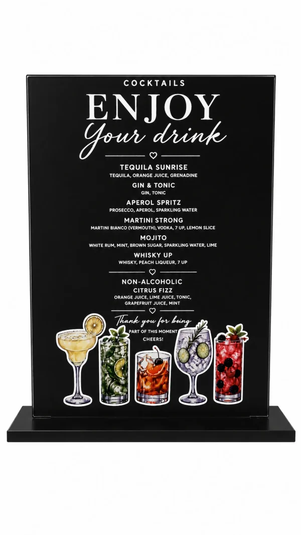 Minimalist Acrylic Cocktail Sign, Wedding Bar Menu, Modern Event Decor