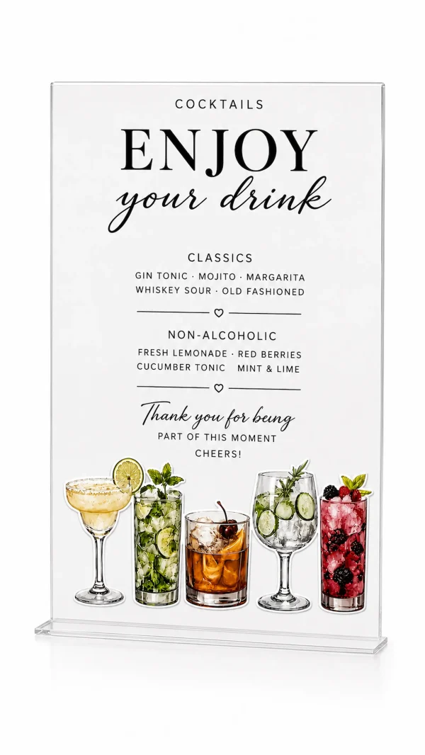 Minimalist Acrylic Cocktail Sign, Wedding Bar Menu, Modern Event Decor