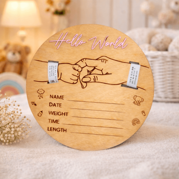 Newborn Bracelet Holder, Baby Birth Announcement Plaque, Hello World Sign, Hospital Bracelet Keepsake, Personalized Baby Gift, New Mom Gift