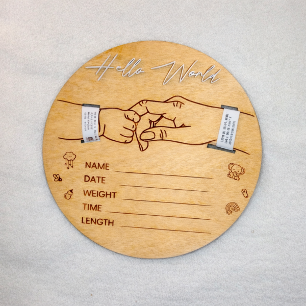 Newborn Bracelet Holder, Baby Birth Announcement Plaque, Hello World Sign, Hospital Bracelet Keepsake, Personalized Baby Gift, New Mom Gift