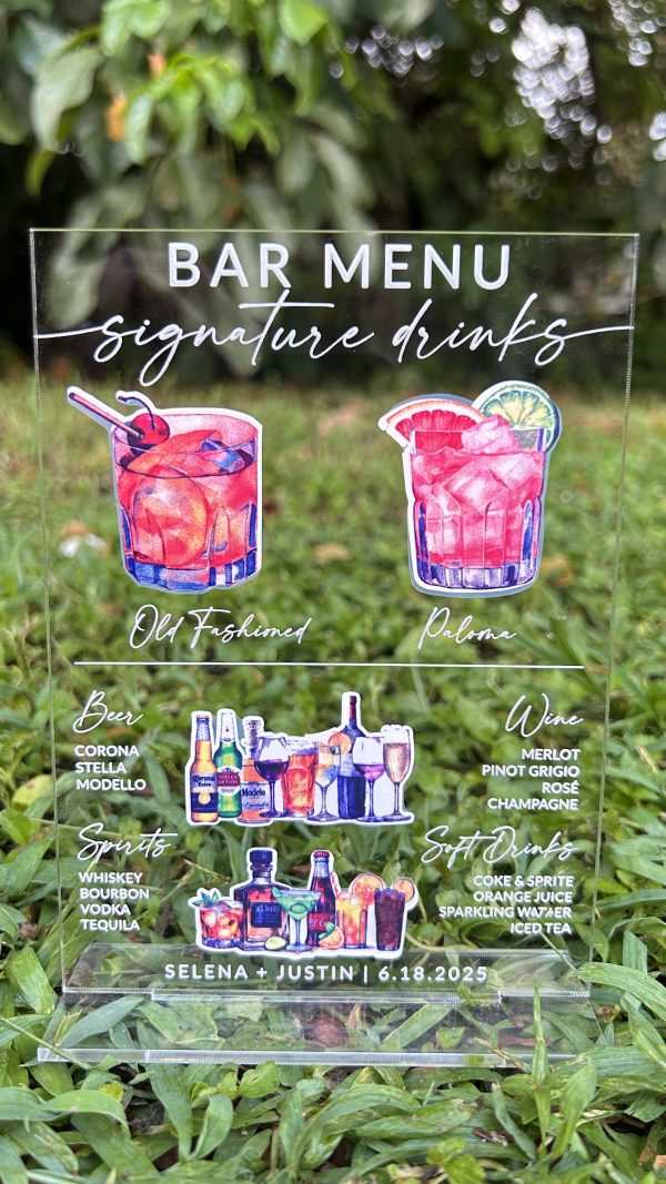 Custom Acrylic Wedding Bar Menu Sign, Signature Drinks, Cocktail Menu, Reception Decor