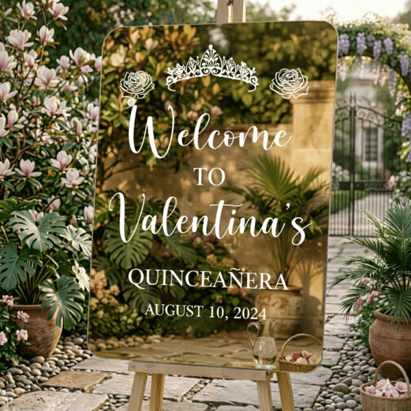 Welcome to Valentina's quinceañera Custom Mirror Acrylic quinceañeras Welcome Sign, Modern Minimalist Event Decor