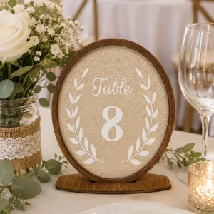 Linen-style wedding table numbers with rustic wooden frames