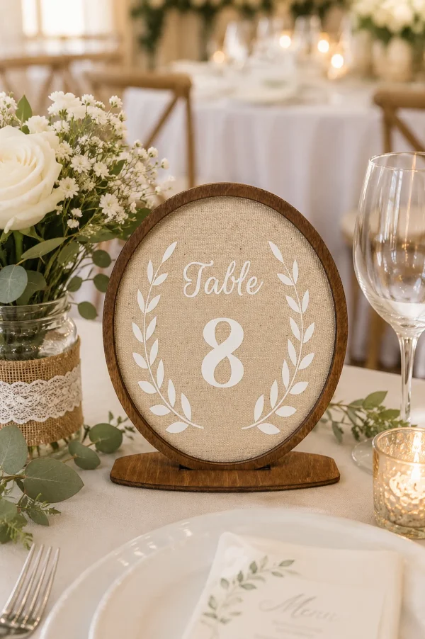 Rustic Linen Wedding Table Numbers, Wooden Frame Centerpiece, Reception Decor