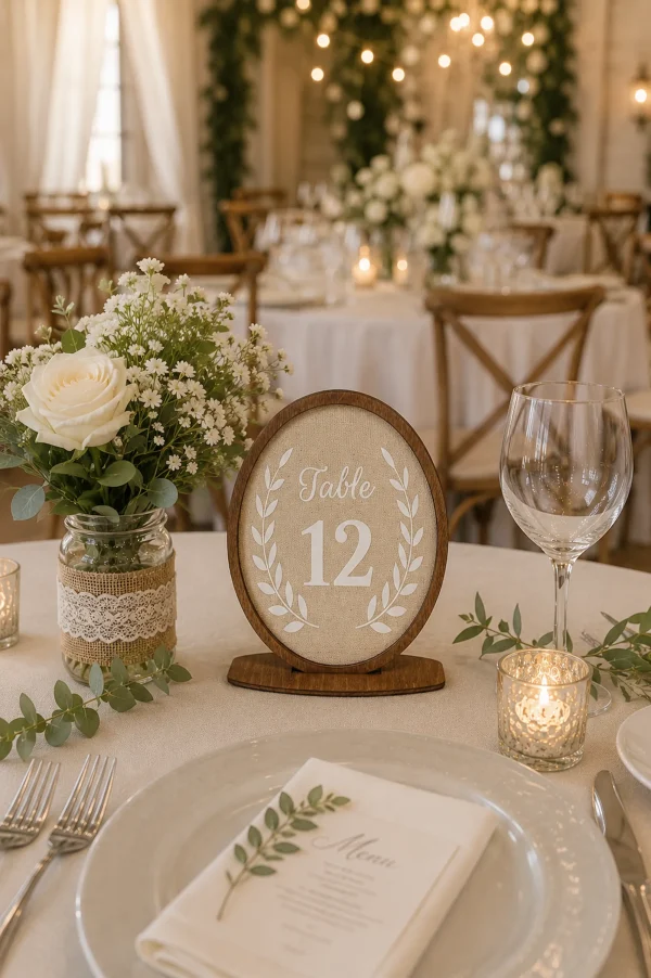 Rustic Linen Wedding Table Numbers, Wooden Frame Centerpiece, Reception Decor