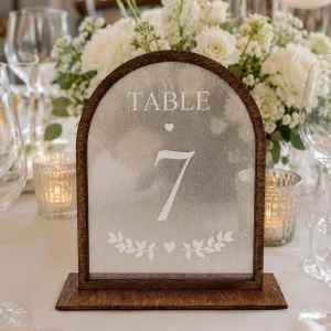 Veil fabric wedding table numbers with wooden frames
