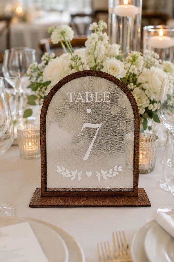 Wooden Veil Table Numbers, Romantic Arched Wedding Reception Decor, Elegant Bridal Signs