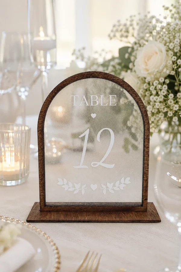Wooden Veil Table Numbers, Romantic Arched Wedding Reception Decor, Elegant Bridal Signs