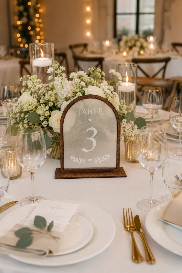 Wooden Veil Table Numbers, Romantic Arched Wedding Reception Decor, Elegant Bridal Signs
