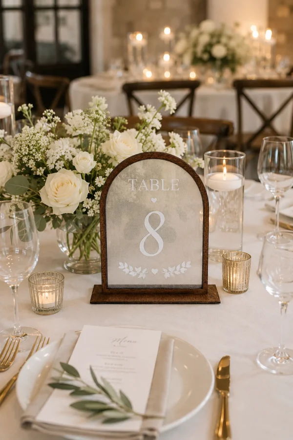 Wooden Veil Table Numbers, Romantic Arched Wedding Reception Decor, Elegant Bridal Signs