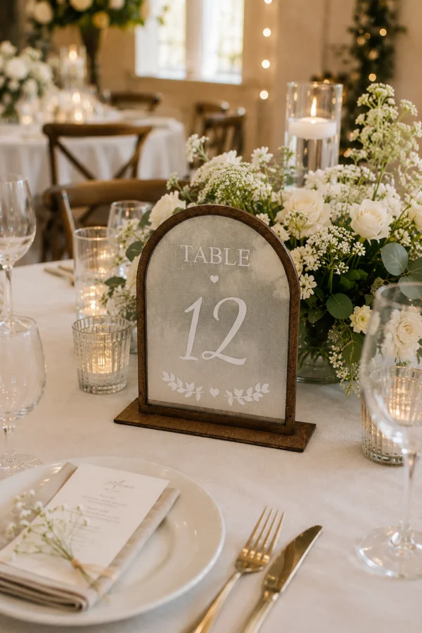 Wooden Veil Table Numbers, Romantic Arched Wedding Reception Decor, Elegant Bridal Signs