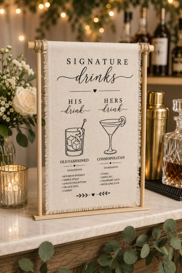ChatGPT Image May 29, 2026, 05_49_58 PM Linen Signature Drinks Sign, His Hers Bar Menu, Rustic Wedding Cocktail Decor