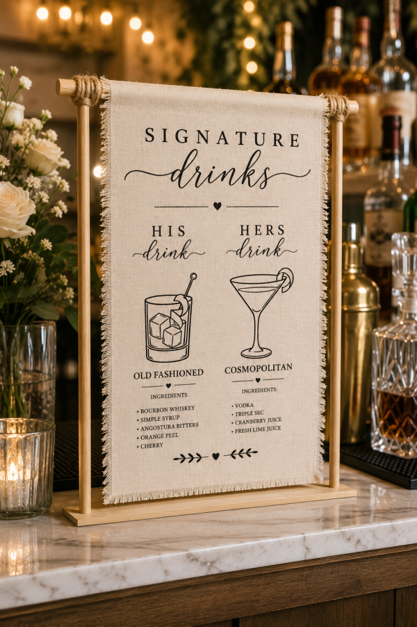 ChatGPT Image May 29, 2026, 05_50_58 PM Linen Signature Drinks Sign, His Hers Bar Menu, Rustic Wedding Cocktail Decor
