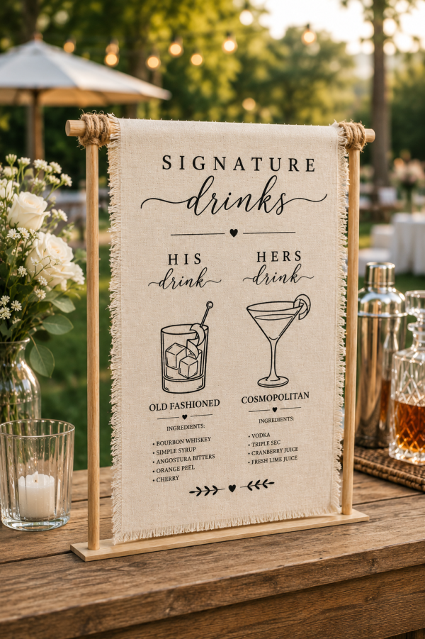 ChatGPT Image May 29, 2026, 05_52_07 PM Linen Signature Drinks Sign, His Hers Bar Menu, Rustic Wedding Cocktail Decor