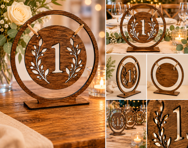 ChatGPT Image May 30, 2026, 10_41_23 AM Rustic Wooden Wedding Table Numbers, Laser Cut Woodland Boho Decor, Freestanding Centerpiece Signs