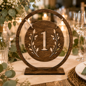Rustic wooden wedding table numbers with freestanding bases