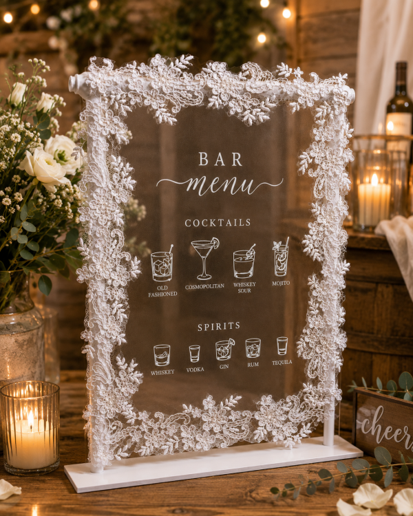ChatGPT Image May 30, 2026, 12_55_51 PM Lace Wedding Bar Menu Sign, Veil Cocktail Display, Personalized Reception Sign