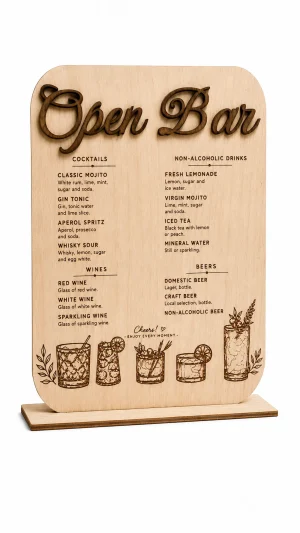 ChatGPT Image May 7, 2026, 11_03_43 AM Custom Wooden Open Bar Sign, Laser Engraved Drink Menu, Rustic Wedding Decor