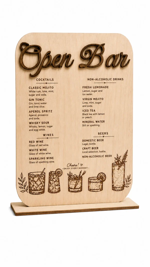 ChatGPT Image May 7, 2026, 11_03_43 AM Custom Wooden Open Bar Sign, Laser Engraved Drink Menu, Rustic Wedding Decor