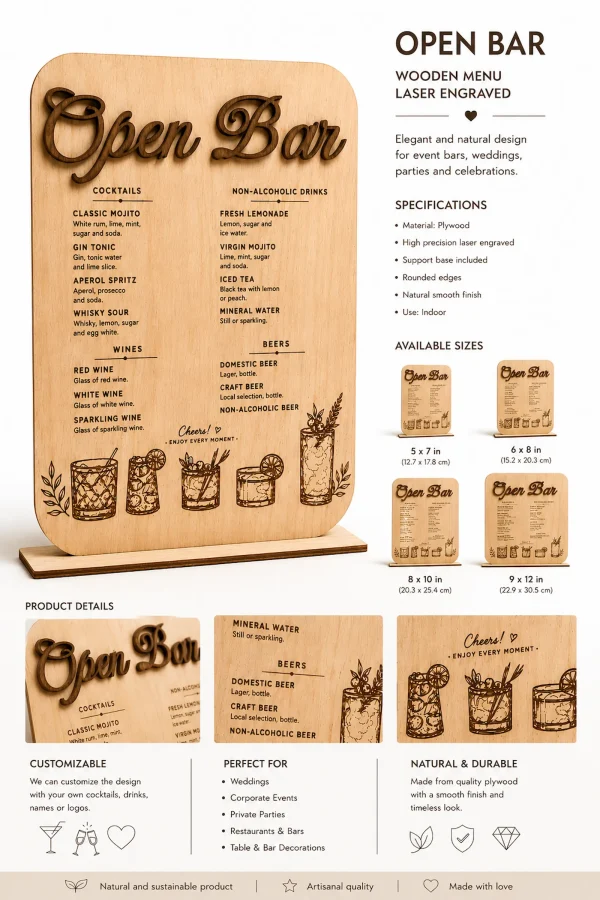 ChatGPT Image May 7, 2026, 11_11_34 AM Custom Wooden Open Bar Sign, Laser Engraved Drink Menu, Rustic Wedding Decor