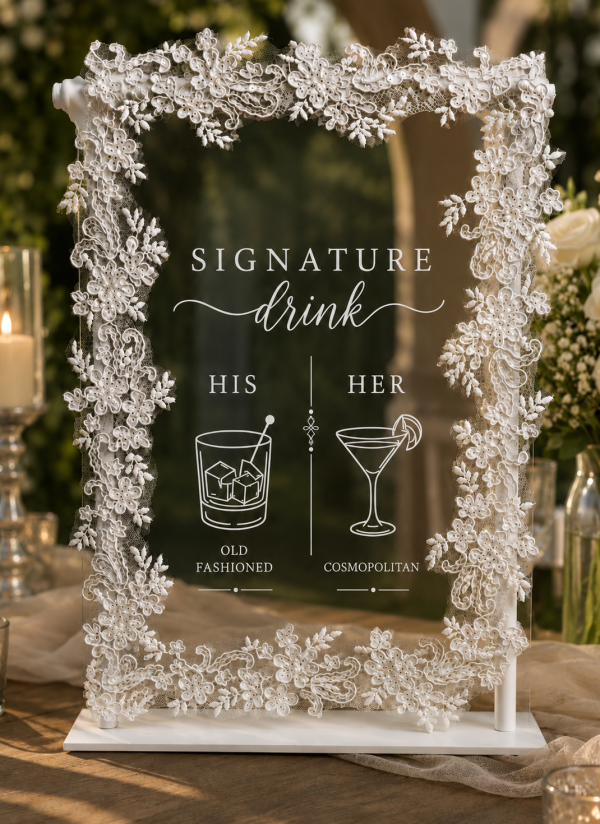 Personalized Lace Veil Wedding Bar Sign | Custom Cocktail Menu (12"x9")