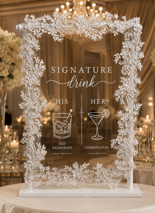 Personalized Lace Veil Wedding Bar Sign | Custom Cocktail Menu (12"x9")
