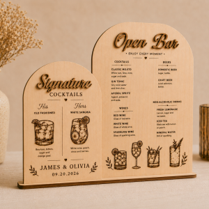 Personalized wooden wedding bar sign set with open bar menu and signature drinks
