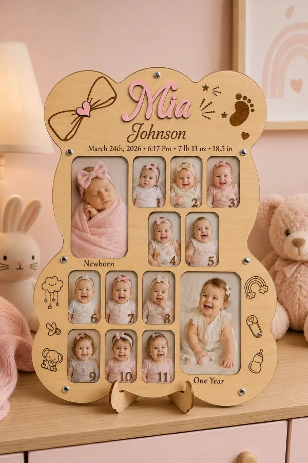 Personalized Baby First Year Photo Frame, Monthly Milestone Keepsake, Wooden Nursery Decor