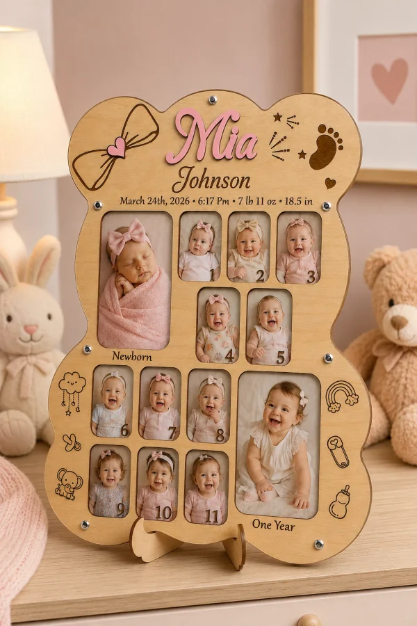 Personalized Baby First Year Photo Frame, Monthly Milestone Keepsake, Wooden Nursery Decor