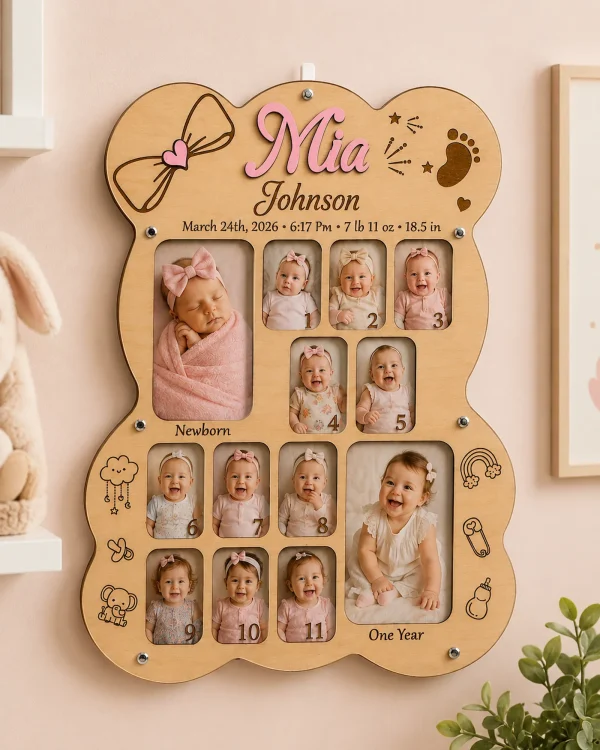 Personalized Baby First Year Photo Frame, Monthly Milestone Keepsake, Wooden Nursery Decor