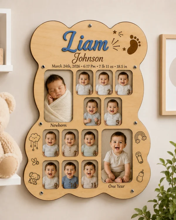 Personalized Baby First Year Photo Frame, Monthly Milestone Keepsake, Wooden Nursery Decor