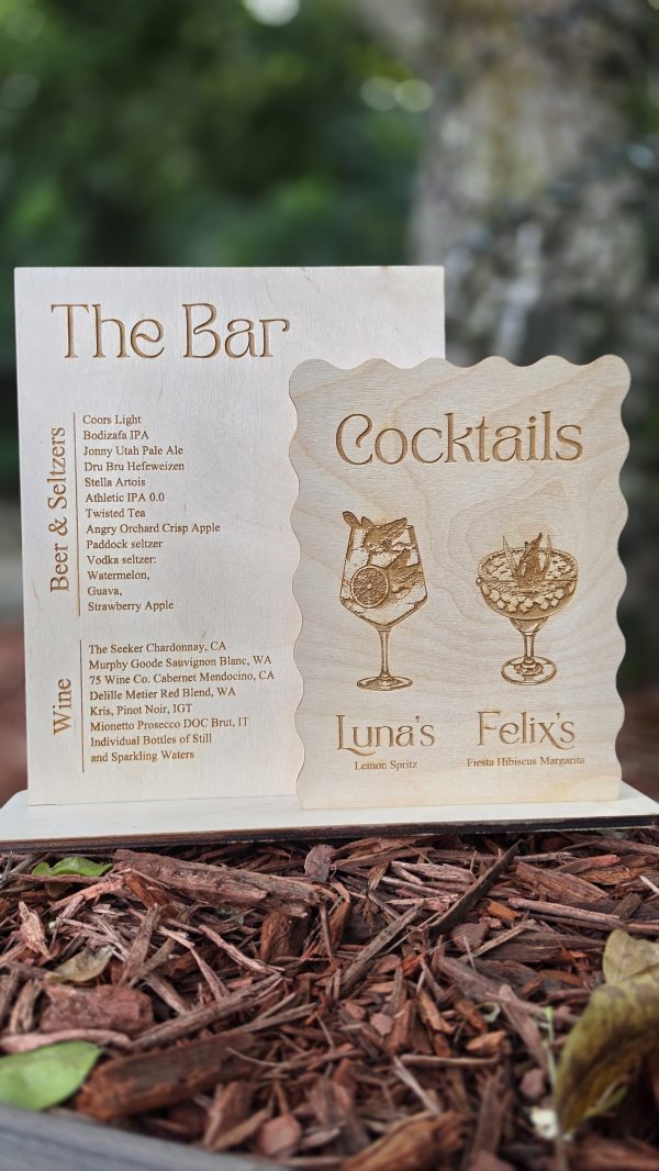 Custom Wooden Bar Menu Sign, Baltic Birch Wedding Cocktail Sign, Signature Drinks Display