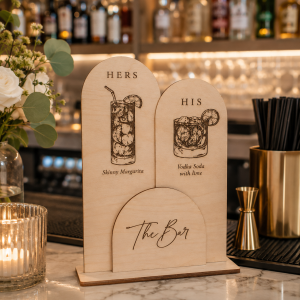 Personalized wooden signature drink sign with two engraved wedding cocktails