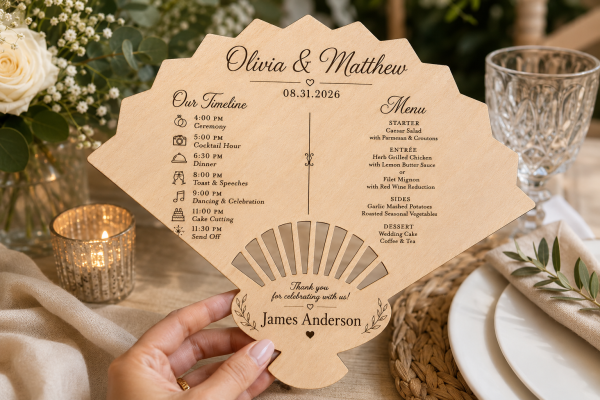 ChatGPT Image Jul 16, 2026, 12_21_10 PM Personalized Wooden Wedding Fan Program | Timeline Menu Place Card Guest Favor