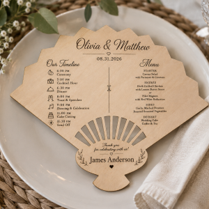 Personalized wooden wedding program fan with engraved menu, timeline and guest name